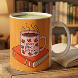 “Books, Brews & Cozy Views” Fall Mug – Bookish Coffee Cup, Autumn Aesthetic Gift