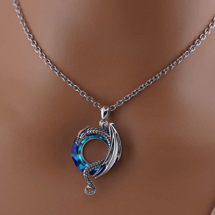 Sterling Silver Blue Gem O - Moon Shaped Dragon
