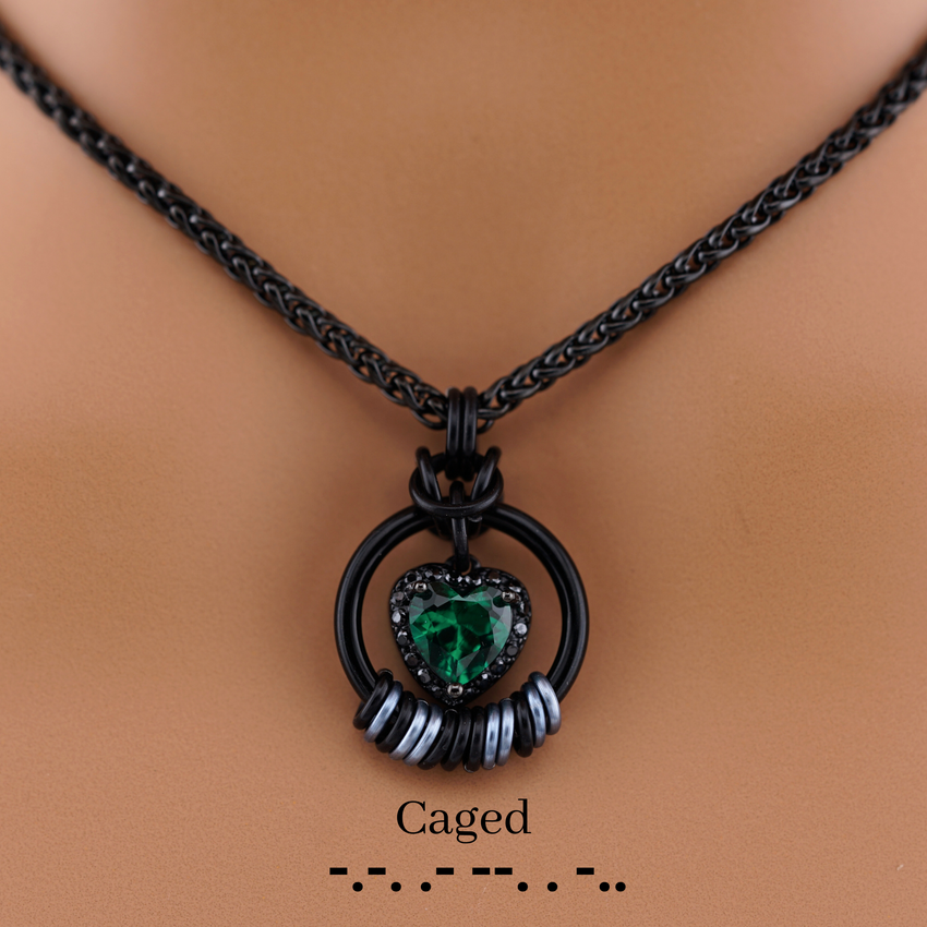 Morse Code Emerald Heart & Black Stones