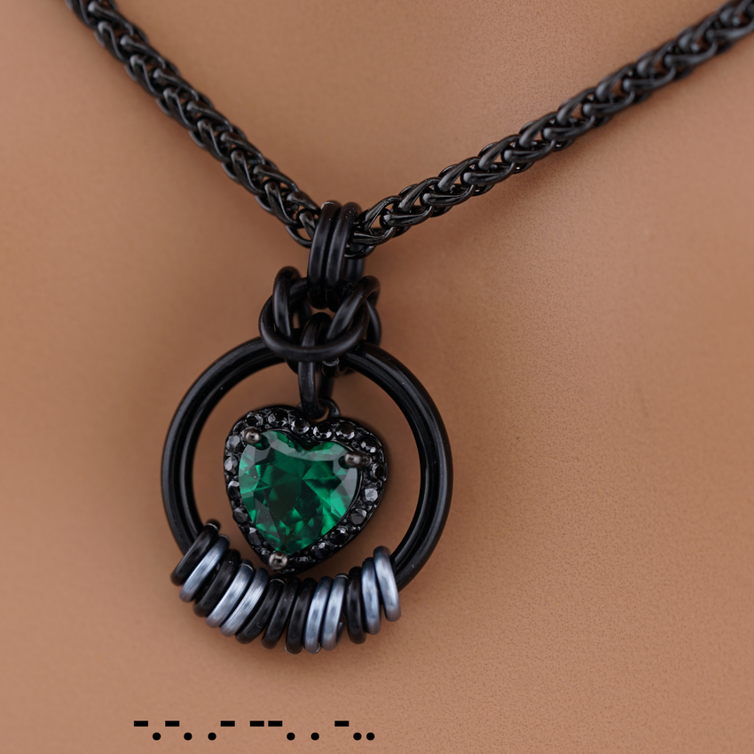 Morse Code Emerald Heart & Black Stones