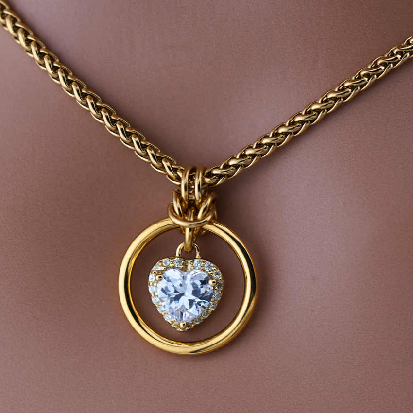 Gold Heart Day Collar w/ CZ Diamonds on Wheat Chain