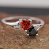 Sterling Silver Double Heart Black & Garnet Topaz CZ Ring