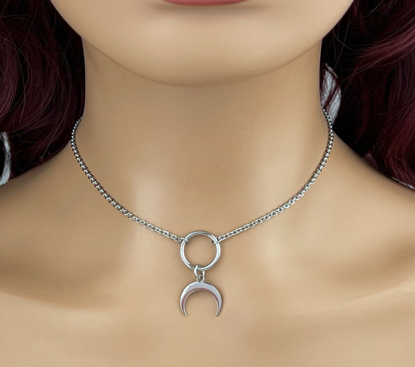 Submissive Necklace Moon Horn-  Locking Option - Discreet Day Collar - BDSM O Ring 24/7 Wear