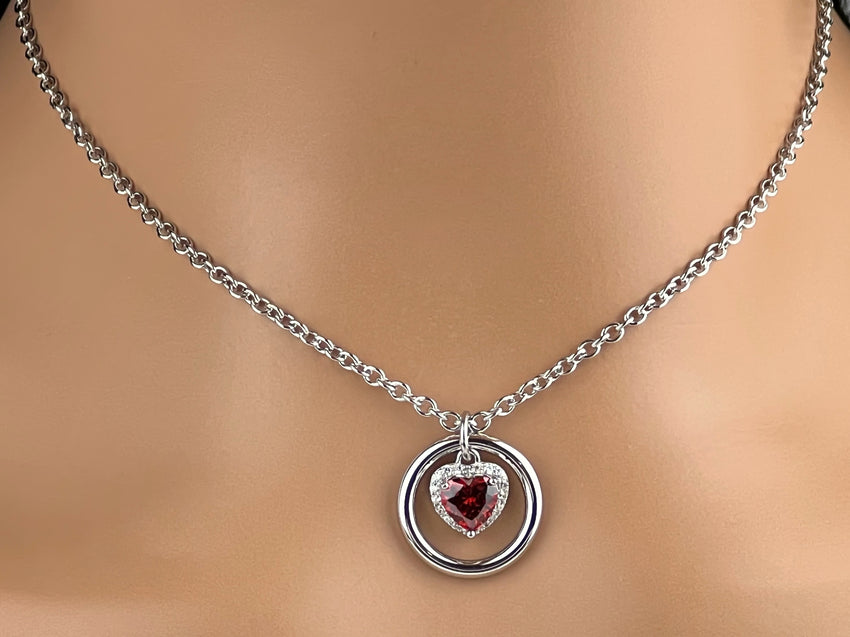 Mesmerizing Garnet Heart Sterling Silver BDSM O-Ring Necklace