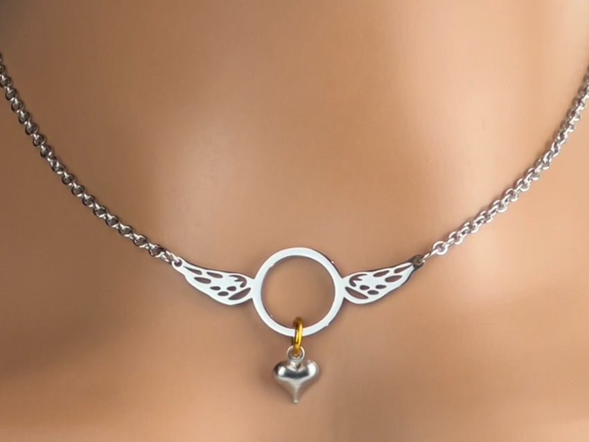 Submissive Day Collar - Angel Wings Necklace - Pick your color - Locking Option - 24/7 Wear