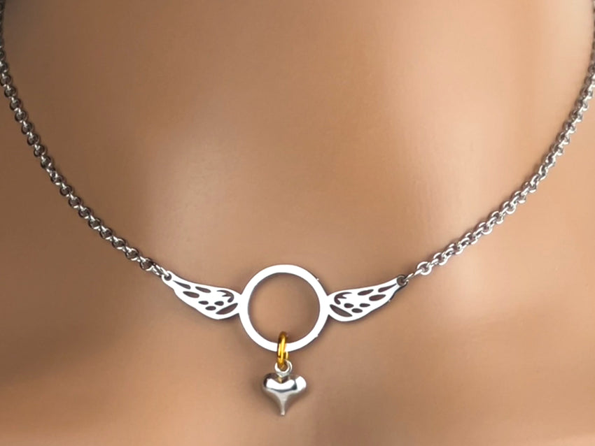 Submissive Day Collar - Angel Wings Necklace - Pick your color - Locking Option - 24/7 Wear