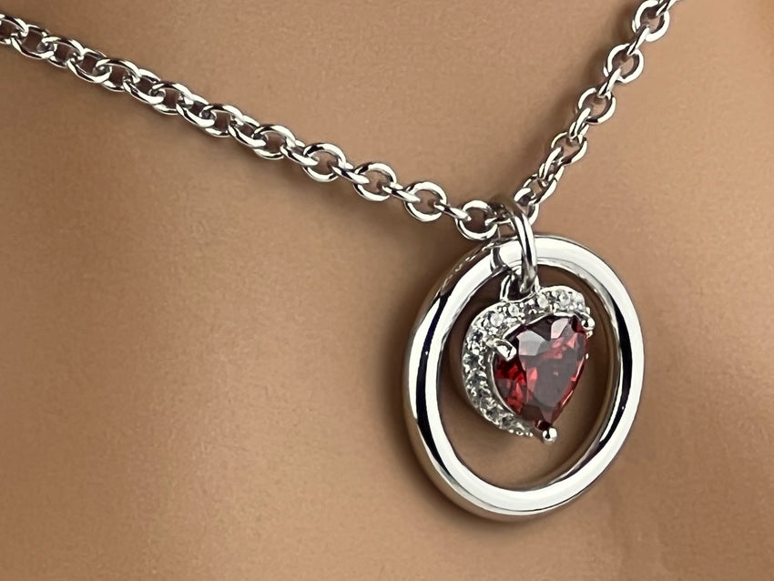 Mesmerizing Garnet Heart Sterling Silver BDSM O-Ring Necklace