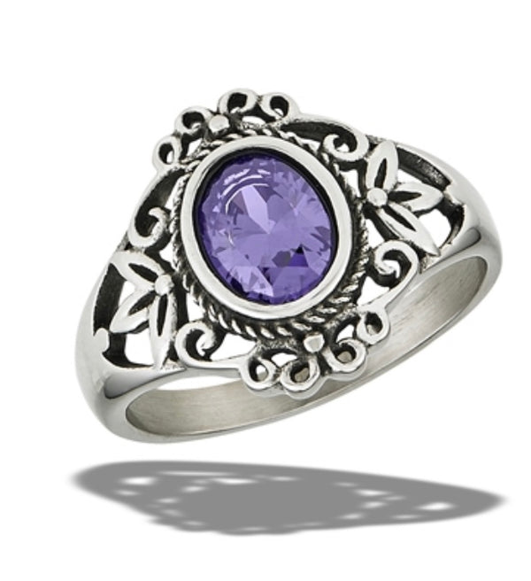 Vintage Style Braided Ring with Lavender CZ , Stainless Steel