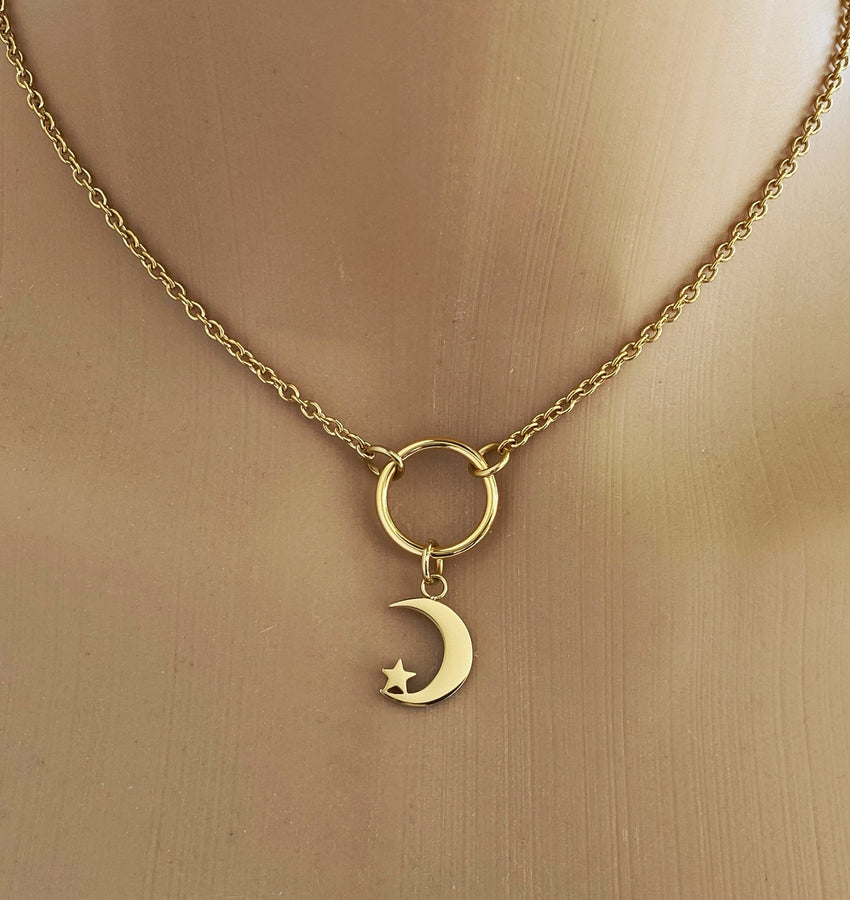 Gold Moon and Star on O ring with Locking Options
