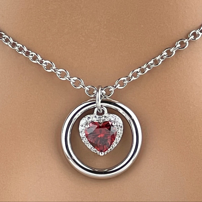Mesmerizing Garnet Heart Sterling Silver BDSM O-Ring Necklace