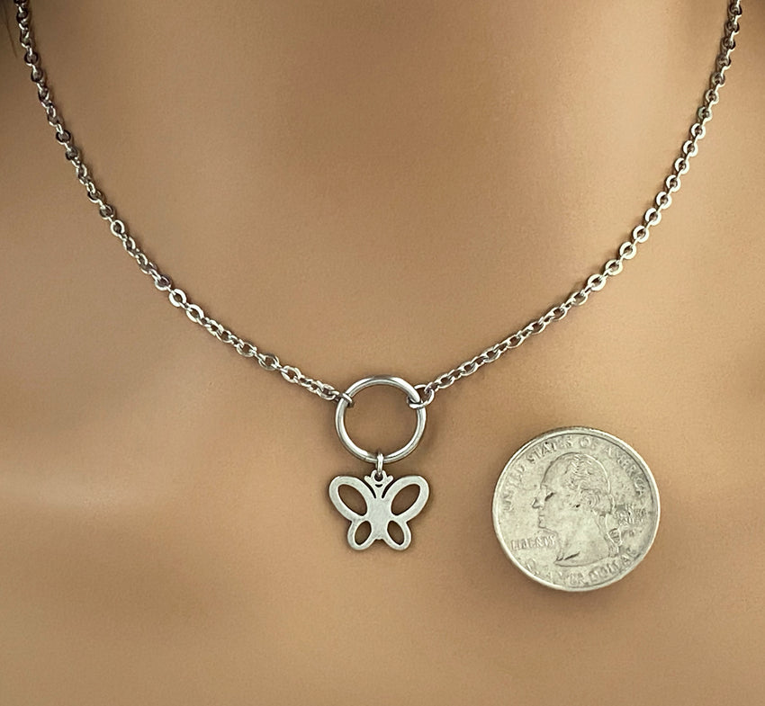 Submissive Necklace Discreet O Ring Butterfly Day Collar 24/7 Wear with Locking Options