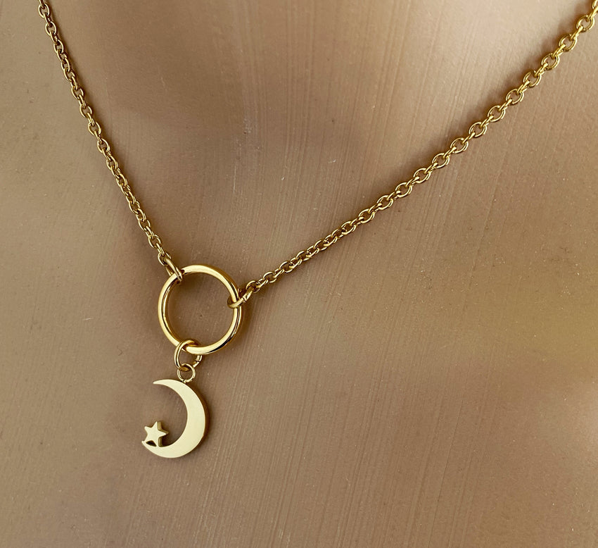 Gold Moon and Star on O ring with Locking Options