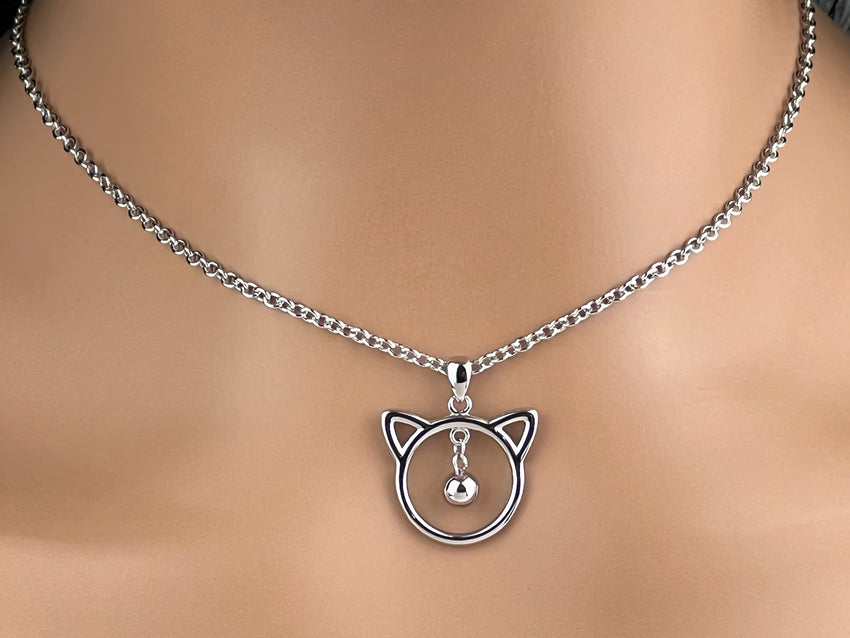 Sterling Silver Kitten with Bell, 24/7 wear with Locking Options
