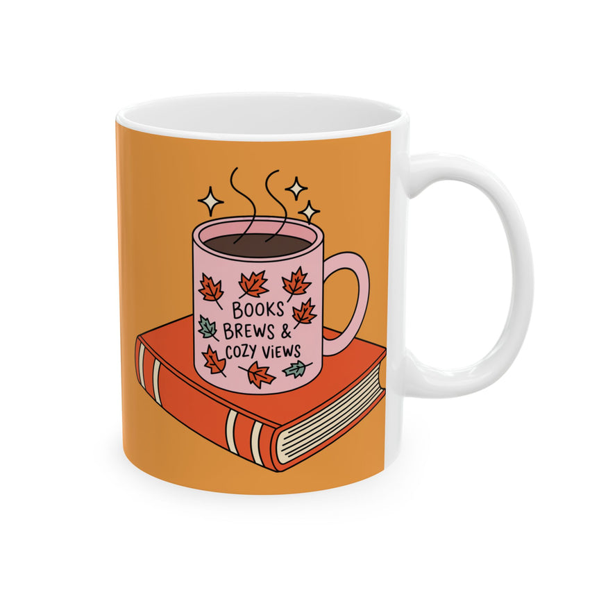 “Books, Brews & Cozy Views” Fall Mug – Bookish Coffee Cup, Autumn Aesthetic Gift