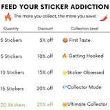 The image is a visual representation of sticker addiction, showing different sticker sets with varying discounts and collection levels.