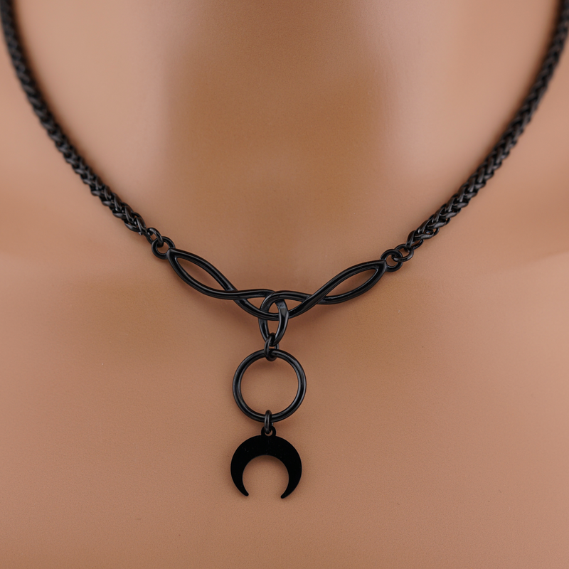 Black Celtic Knot O w/ Moon Horn Wheat Chain