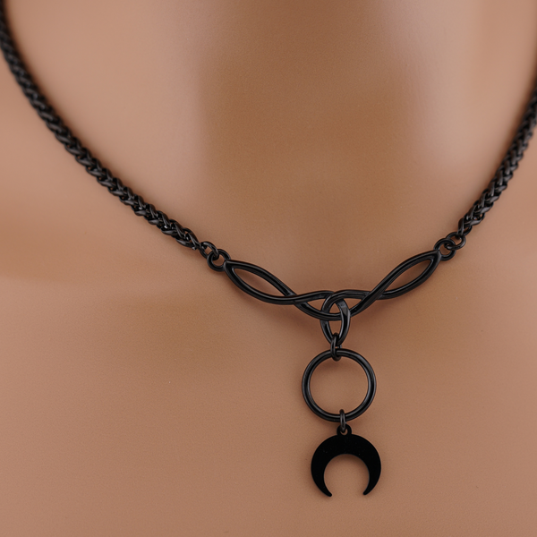 Black Celtic Knot O w/ Moon Horn Wheat Chain