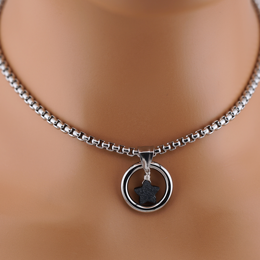 Witchy Submissive Day Collar – Black Druzy Quartz Agate Star