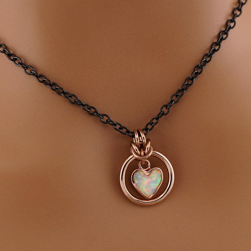 Opal Rose Gold Heart Black Chain