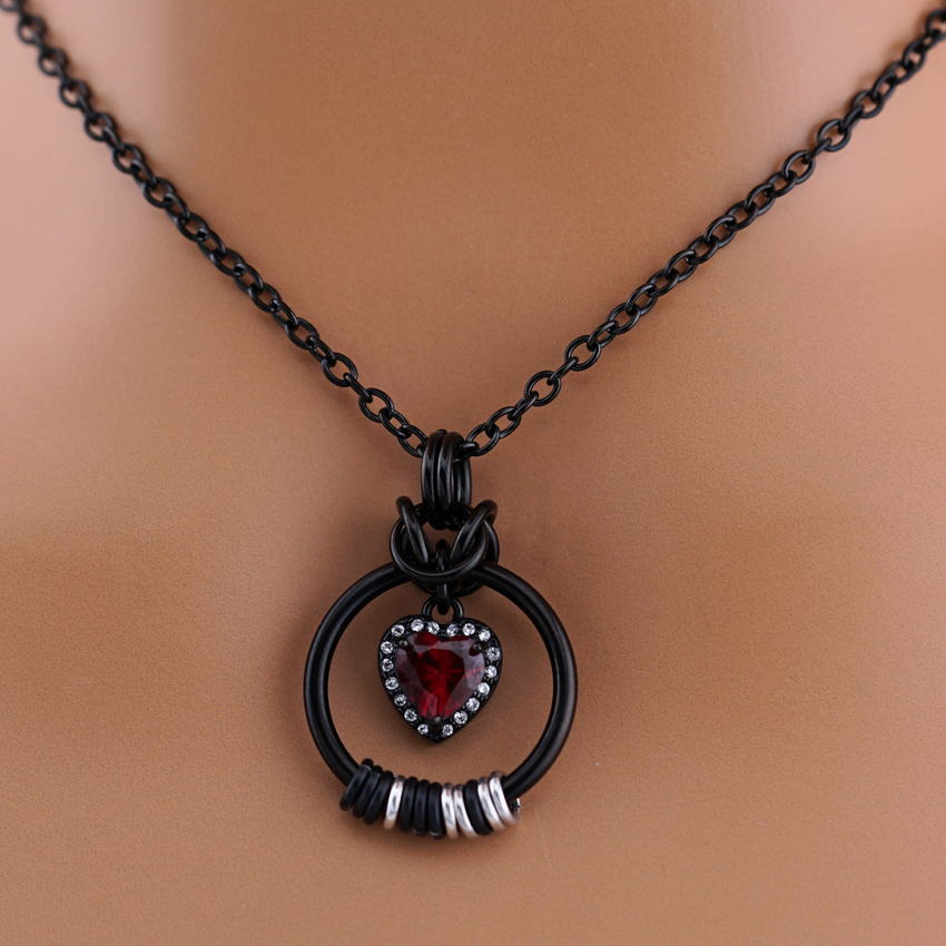 Black Morse Code w/ CZ Garnet Heart
