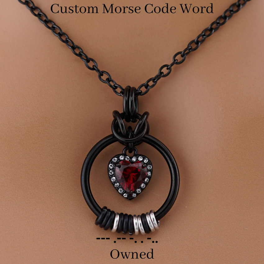 Black Morse Code w/ CZ Garnet Heart