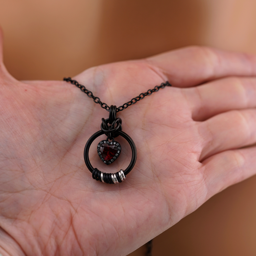 Black Morse Code w/ CZ Garnet Heart
