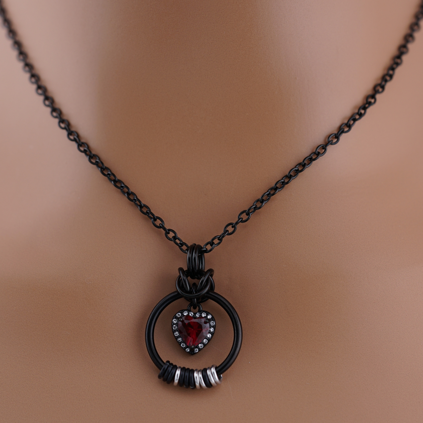 Black Morse Code w/ CZ Garnet Heart