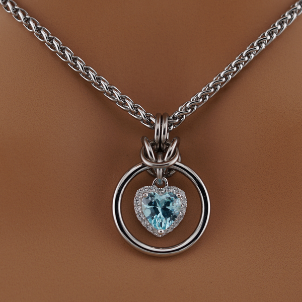 Aquamarine Heart w/ CZ Diamonds on Wheat Chain