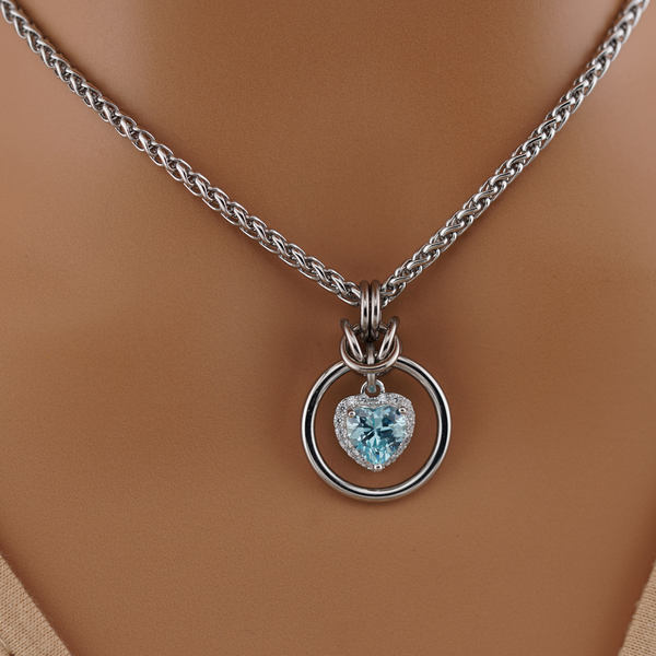 Aquamarine Heart w/ CZ Diamonds on Wheat Chain