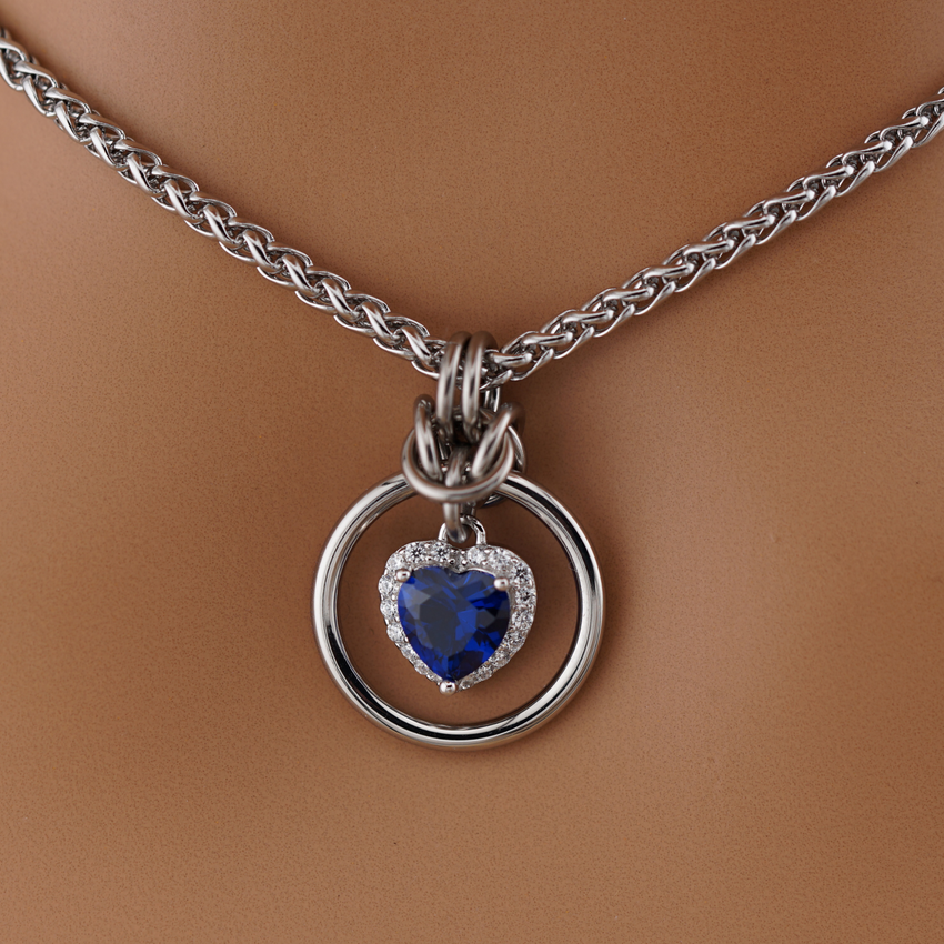 Sapphire Heart on Wheat Chain w/ CZ Diamonds