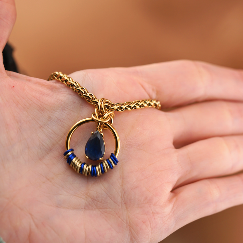 Blue Sapphire Teardrop Morse Code Day Collar