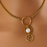 Gold Goddess Triple O Ring Pearl and Moon Necklace