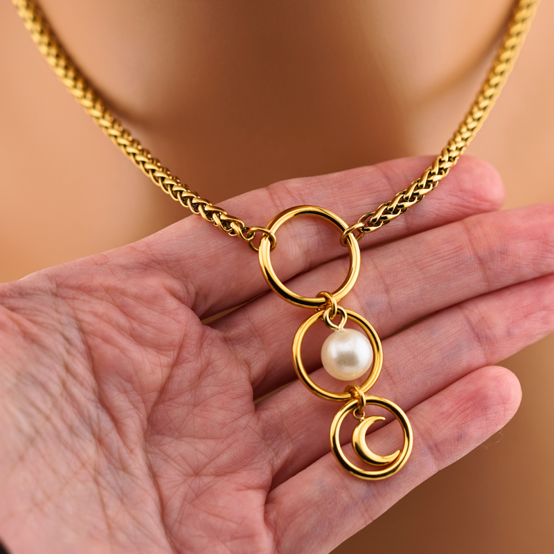 Gold Goddess Triple O Ring Pearl and Moon Necklace