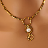 Gold Goddess Triple O Ring Pearl and Moon Necklace