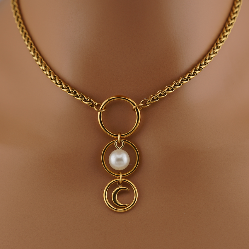 Gold Goddess Triple O Ring Pearl and Moon Necklace