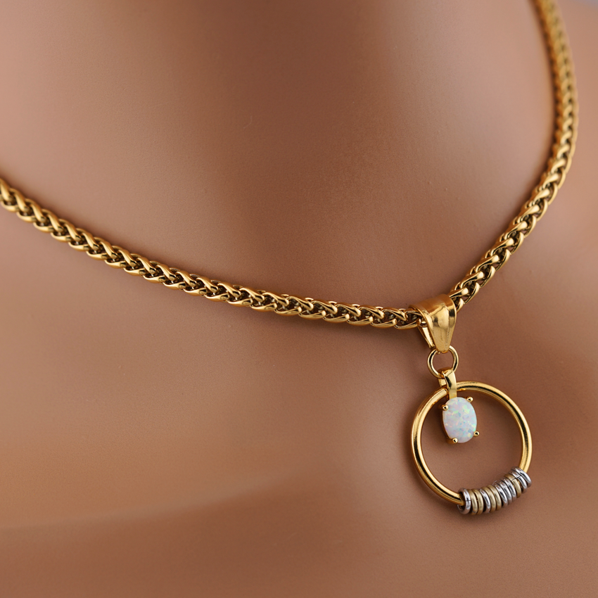 Gold Morse Code w/ CZ Opal