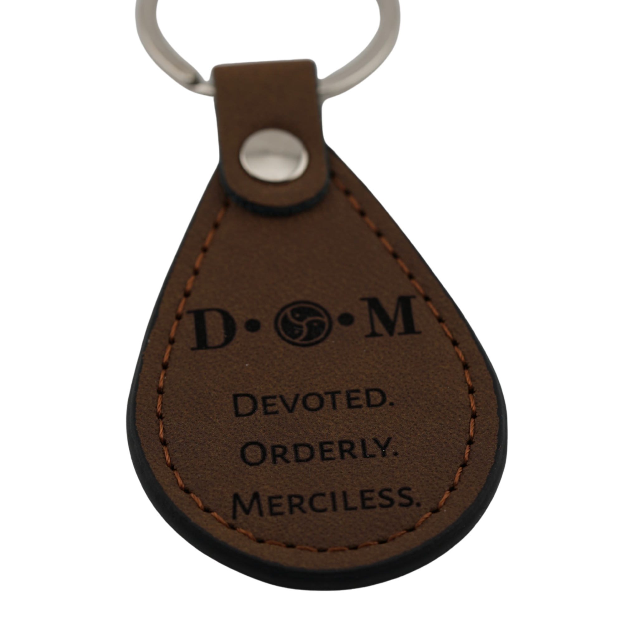 D•O•M Leather Keychain – Devoted. Orderly. Merciless. – Captive Collars