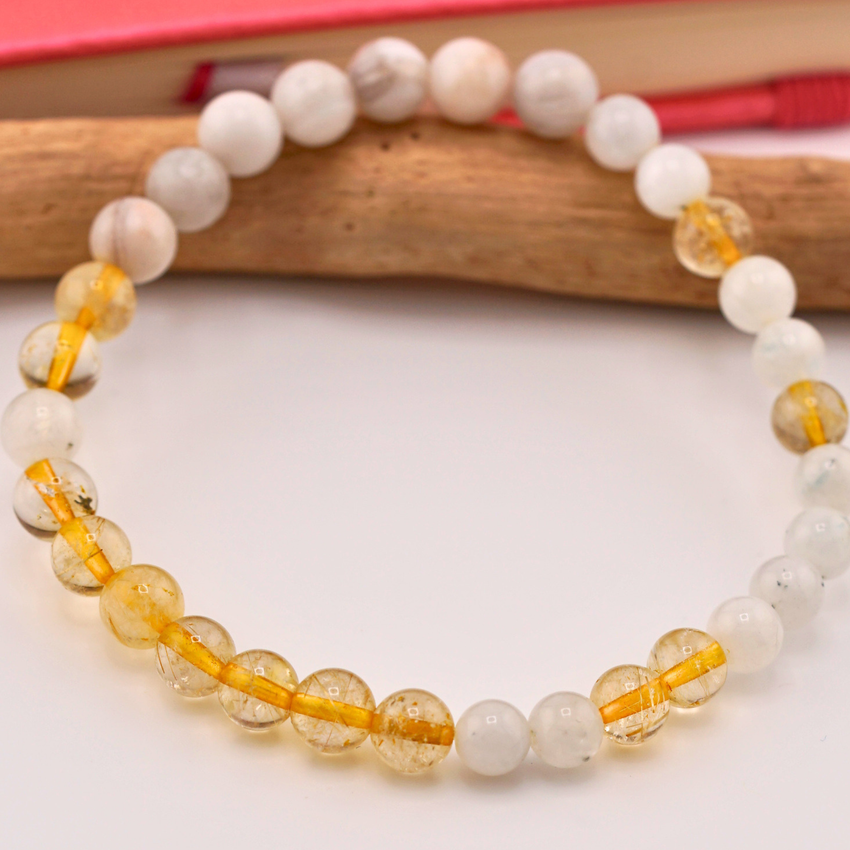 Gemstone Morse Code Bracelet – Custom Word, Submissive Day Collar Bracelet, Moonstone & Gold Rutilated Quartz