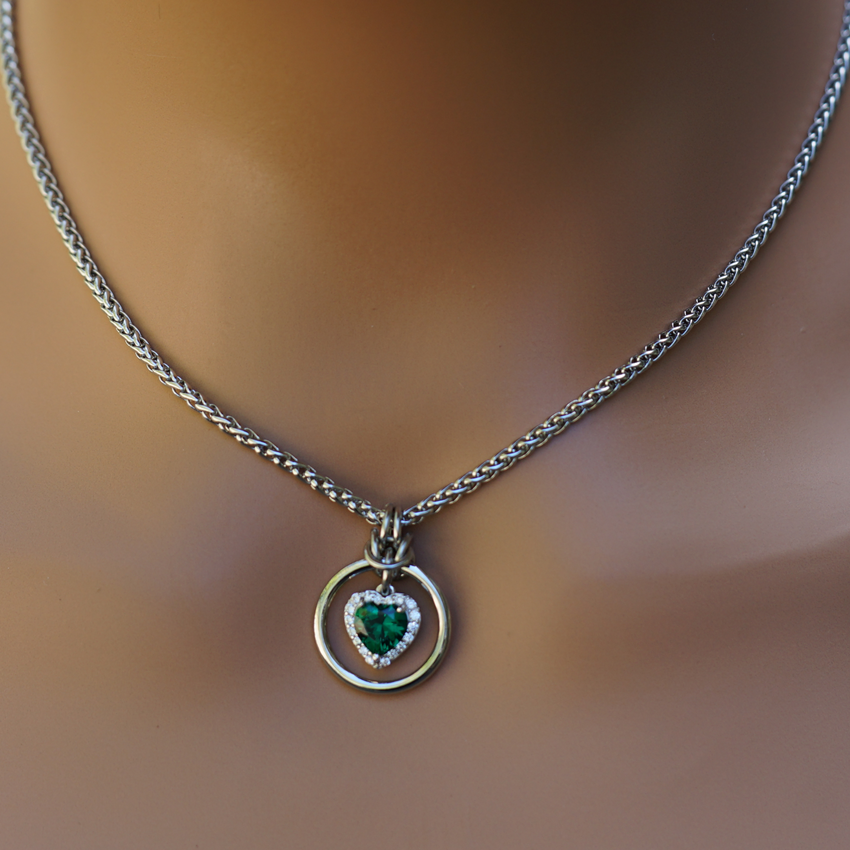 Emerald Heart w/ CZ Diamonds on Wheat Chain