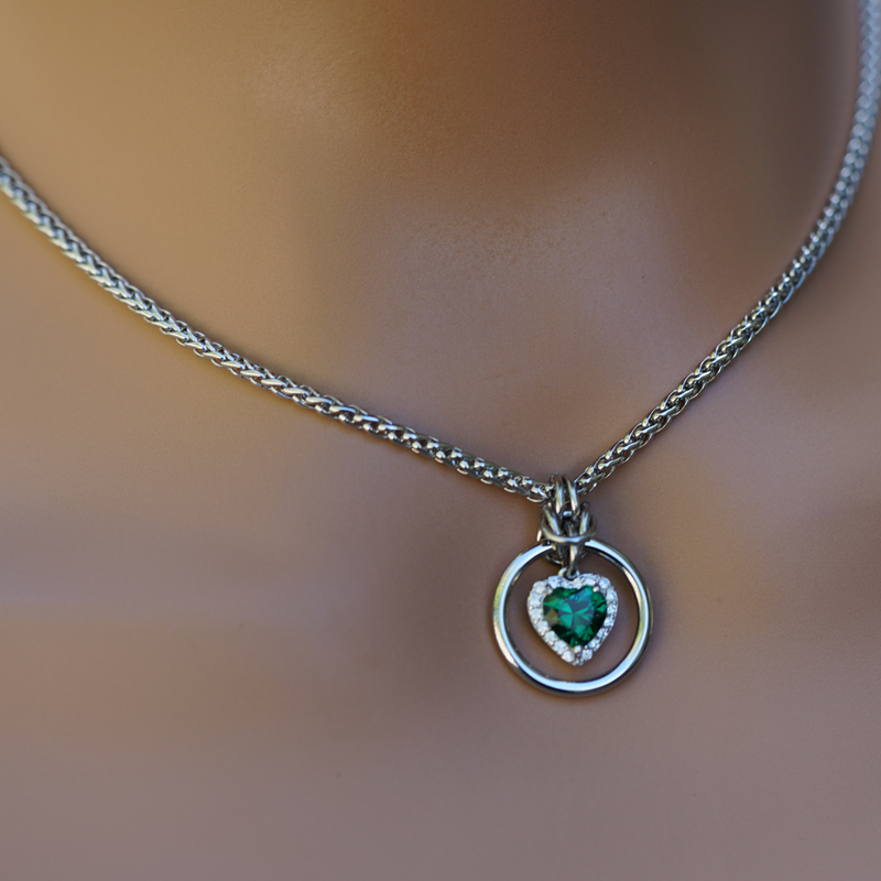 Emerald Heart w/ CZ Diamonds on Wheat Chain