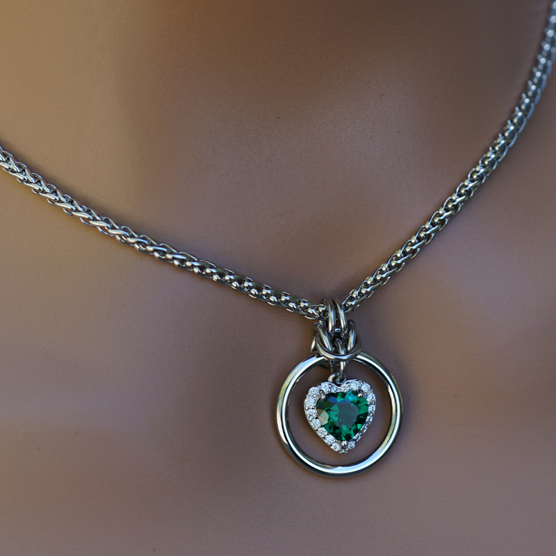 Emerald Heart w/ CZ Diamonds on Wheat Chain