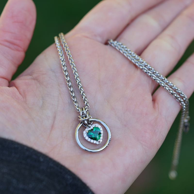 Emerald Heart w/ CZ Diamonds on Wheat Chain