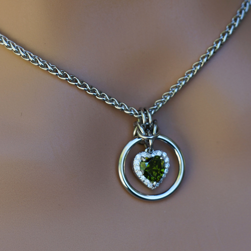 Peridot Heart w/ CZ Diamonds on Wheat Chain