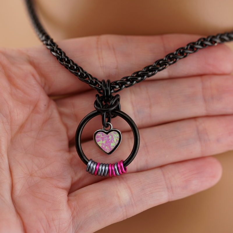 Black Morse Code w/ pink opal Heart