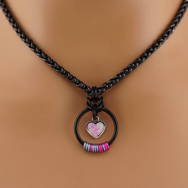 Black Morse Code w/ pink opal Heart