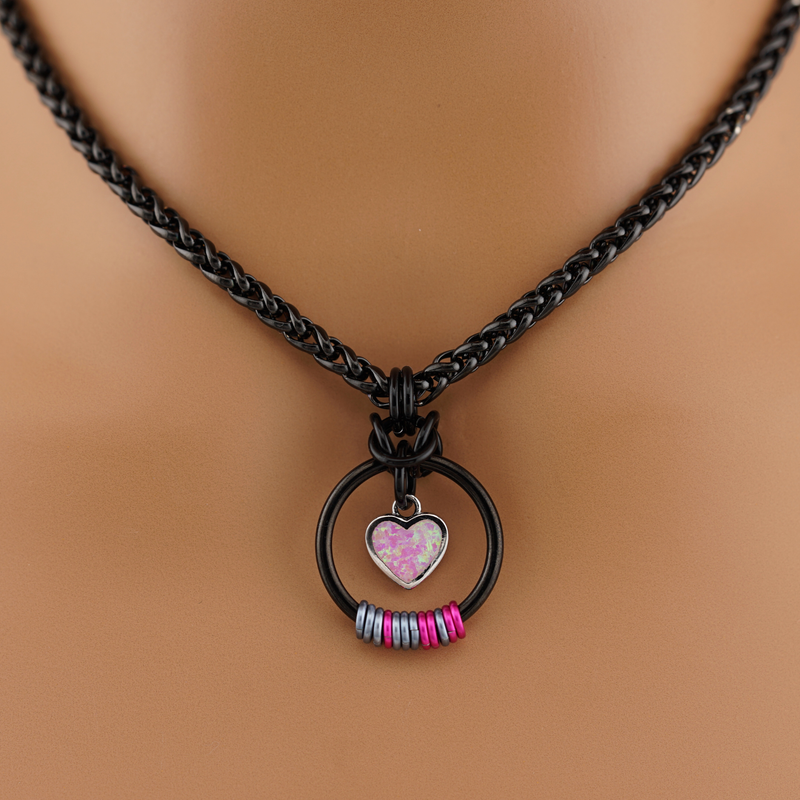 Black Morse Code w/ pink opal Heart
