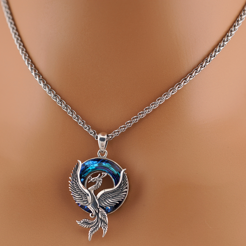 Phoenix and Blue Crystal O-Ring Necklace