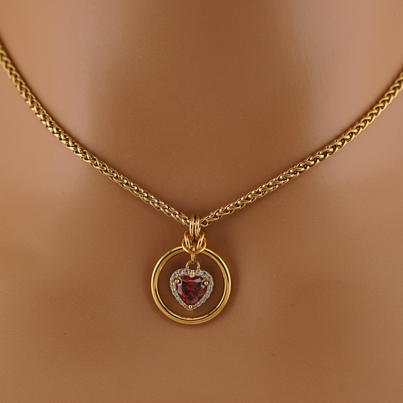 Ruby Gold Heart w/ CZ Diamonds Wheat Chain