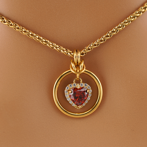 Ruby Gold Heart w/ CZ Diamonds Wheat Chain