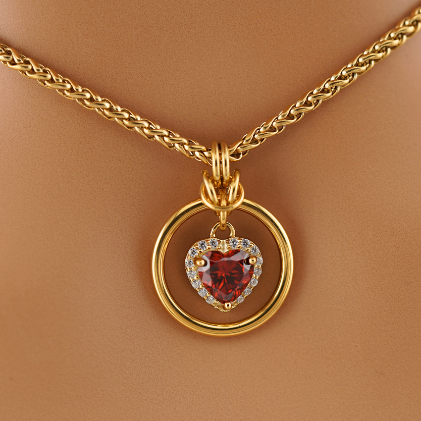 Ruby Gold Heart w/ CZ Diamonds Wheat Chain